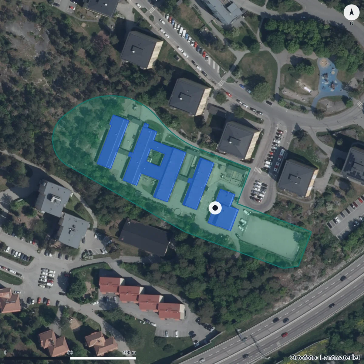 Flygbild över Hägernäs Förskola, ortofoto från Lantmäteriet