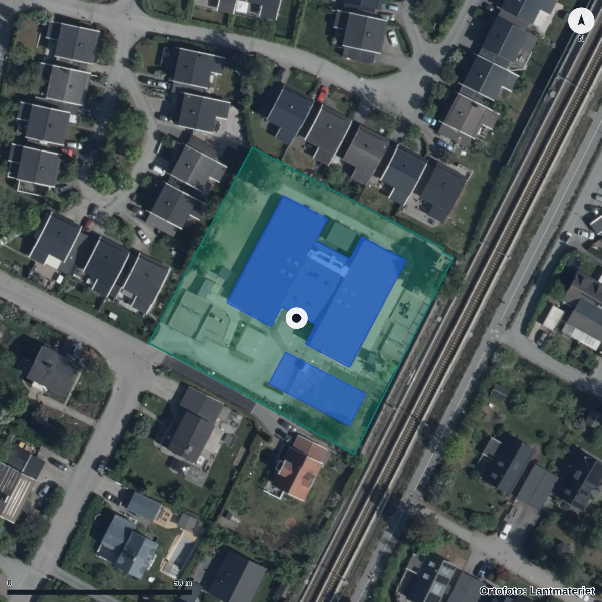 Aerial view of Miklagårds Förskola, orthophoto from Lantmäteriet