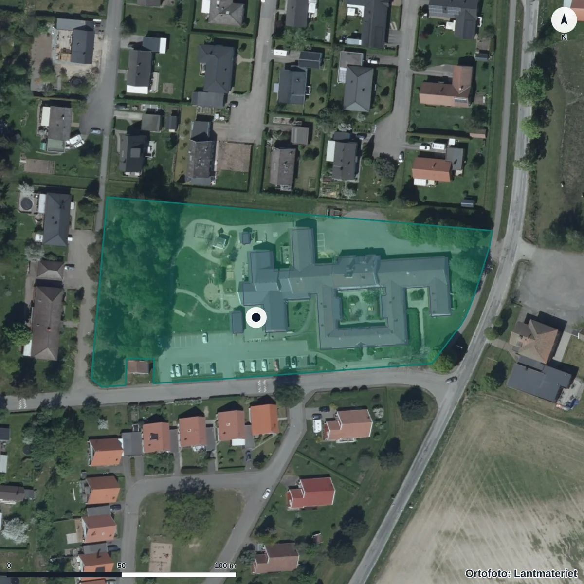 Flygbild över Värsås Förskola, ortofoto från Lantmäteriet