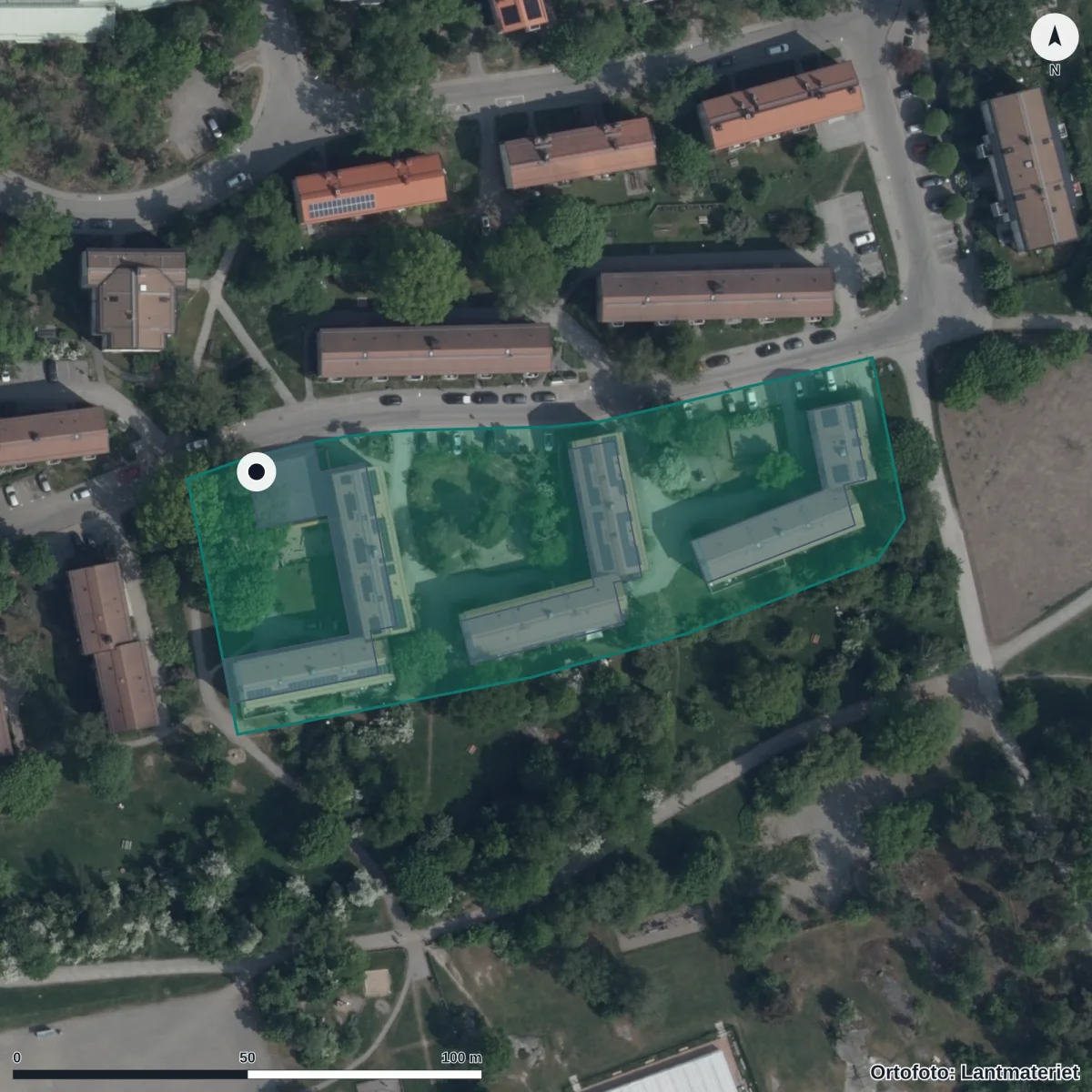 Flygbild över Förskolan Äppelgården, ortofoto från Lantmäteriet