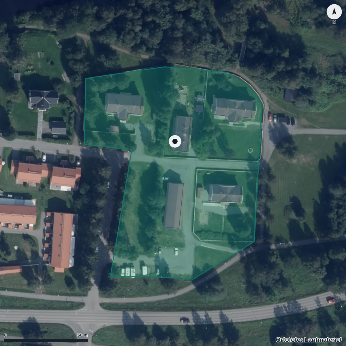 Flygbild över Drömgårdens Förskola, ortofoto från Lantmäteriet