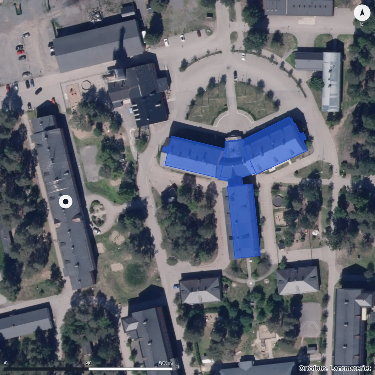 Flygbild över Förskolan Löftet-umedalen, ortofoto från Lantmäteriet