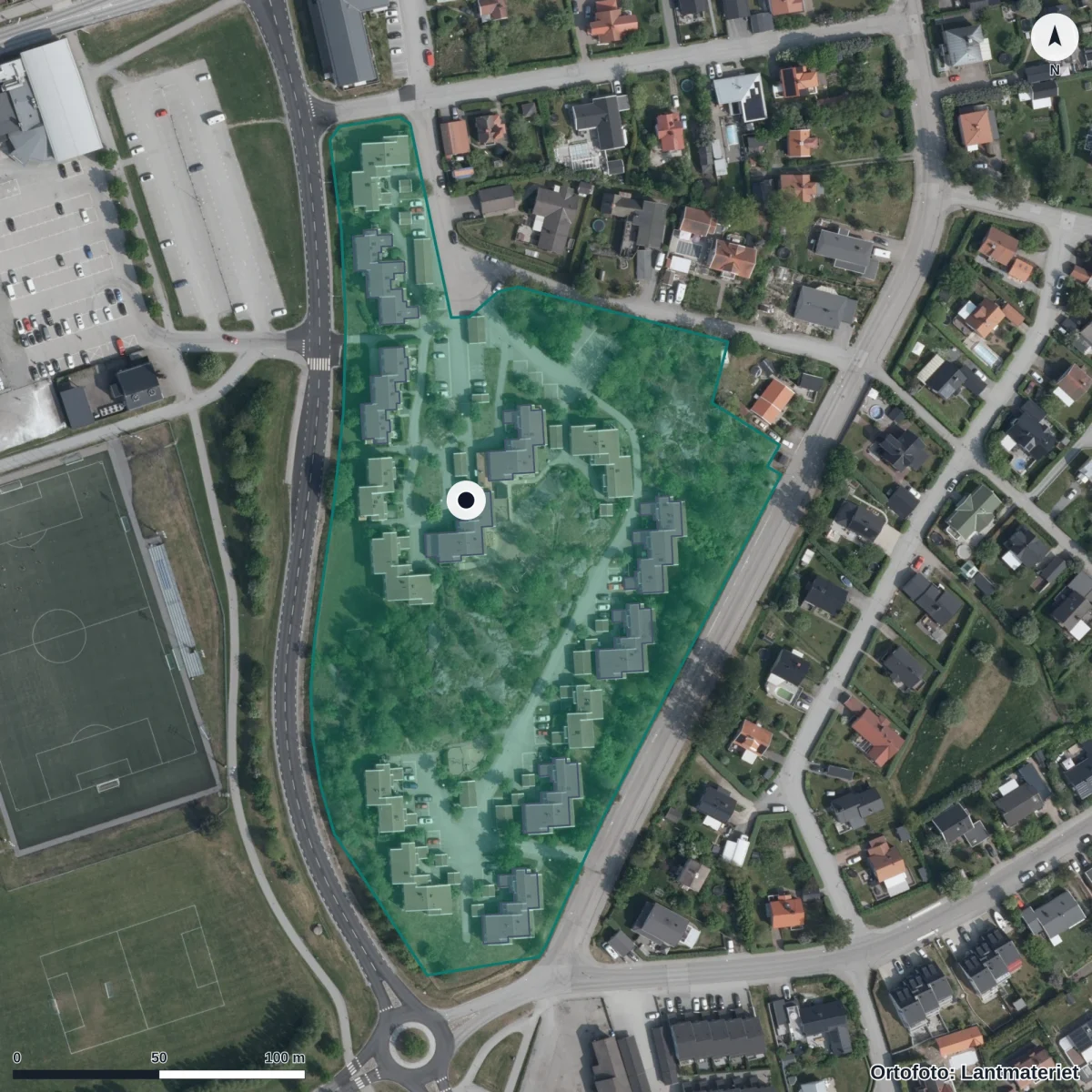 Flygbild över Norrtälje Försk. Ab-gnistan, ortofoto från Lantmäteriet