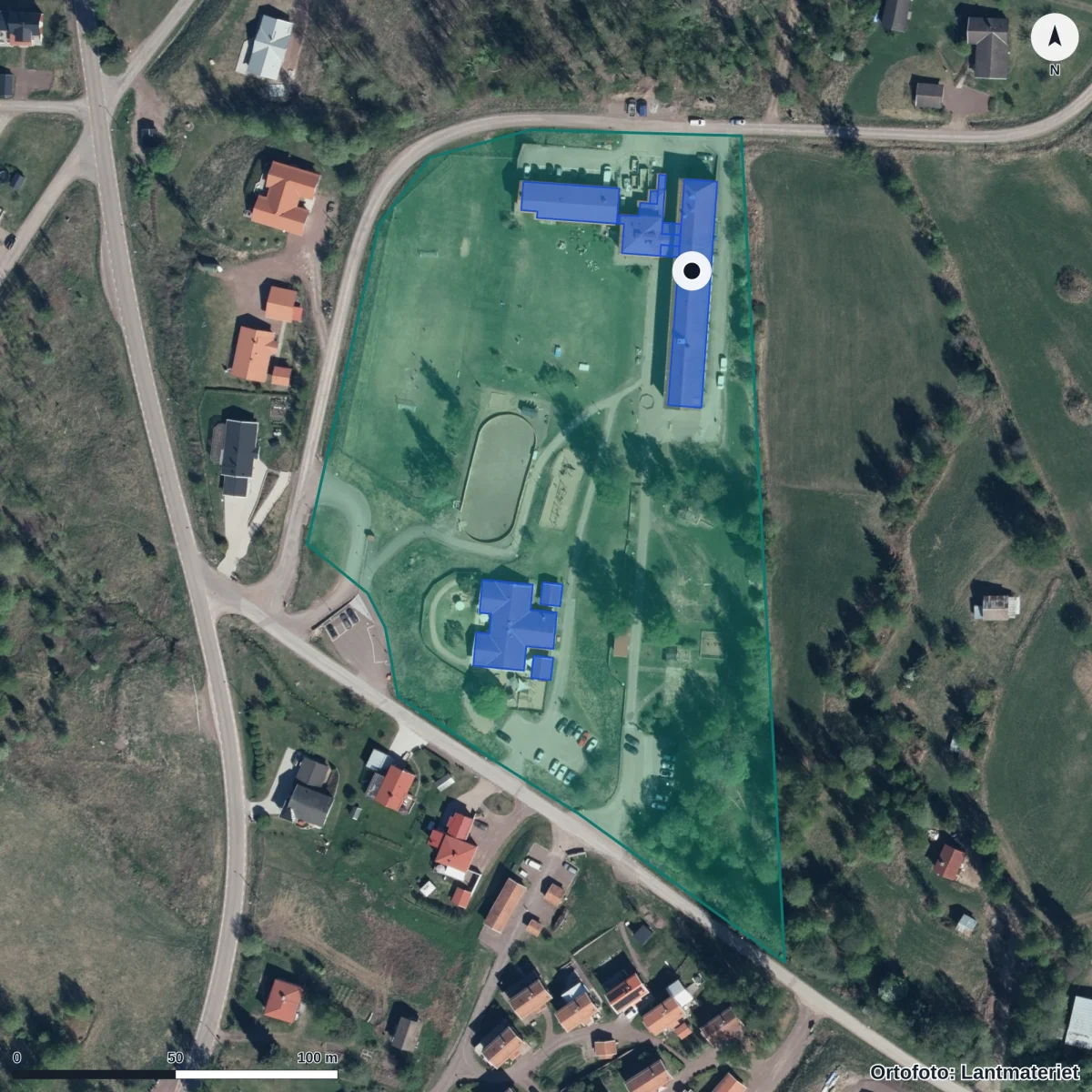 Flygbild över Bergets Förskola, ortofoto från Lantmäteriet
