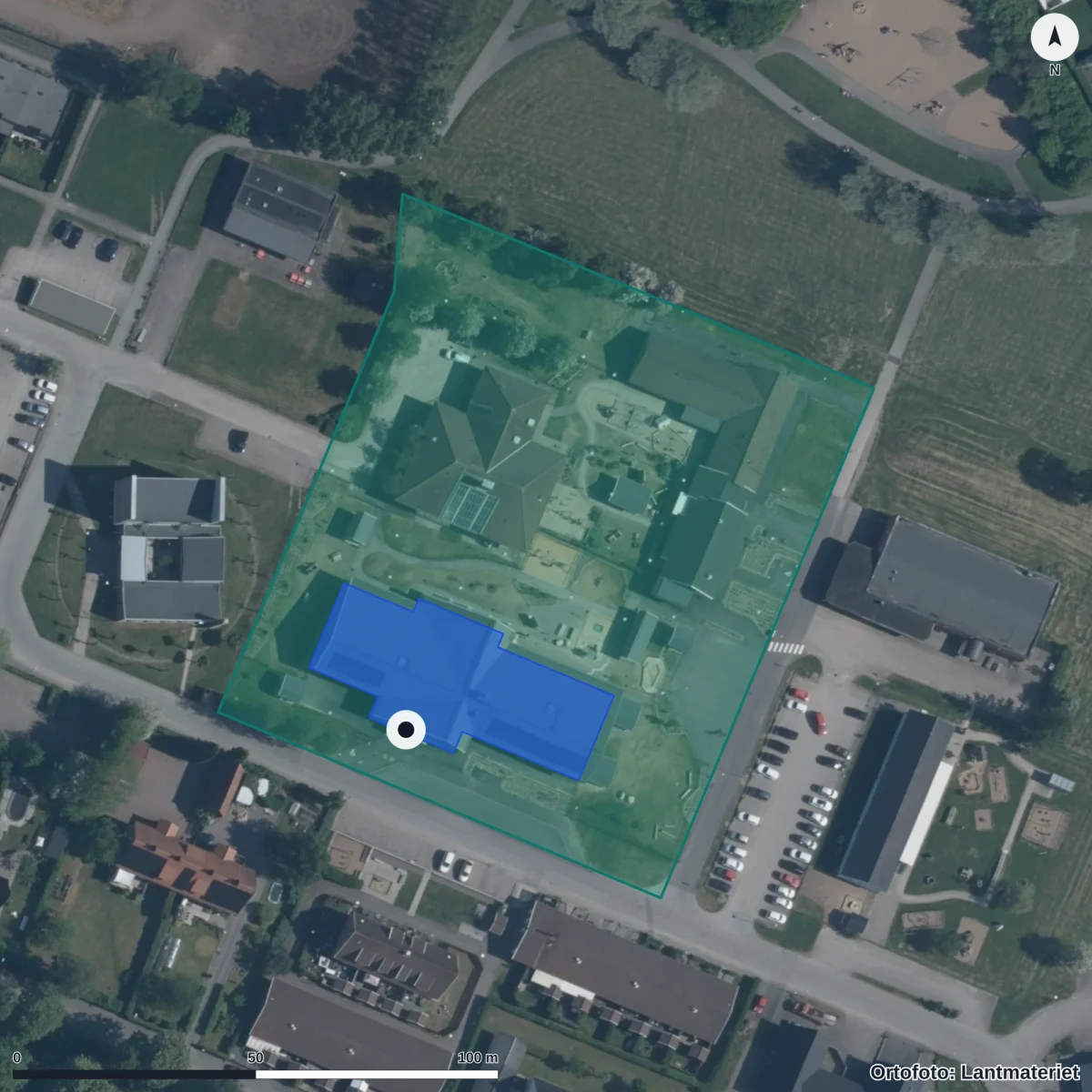 Flygbild över Glashyttans Förskola, ortofoto från Lantmäteriet