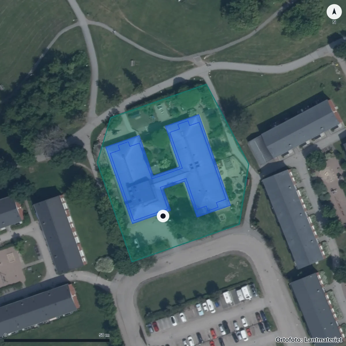 Flygbild över Fasanens Förskola, ortofoto från Lantmäteriet