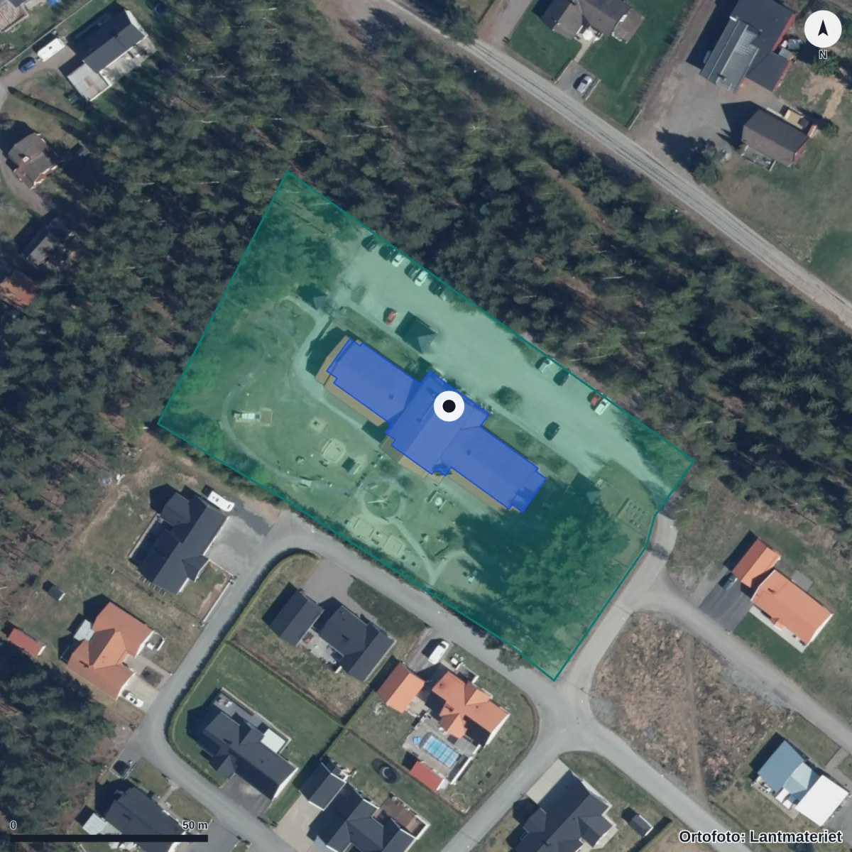 Flygbild över Moraby Förskola, ortofoto från Lantmäteriet