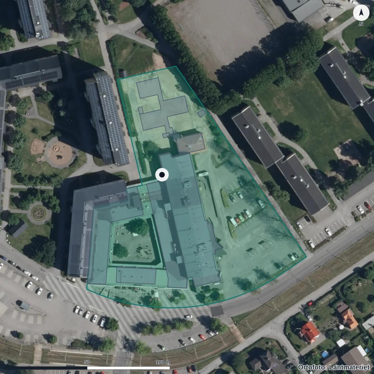 Flygbild över Ringblommans Förskola, ortofoto från Lantmäteriet