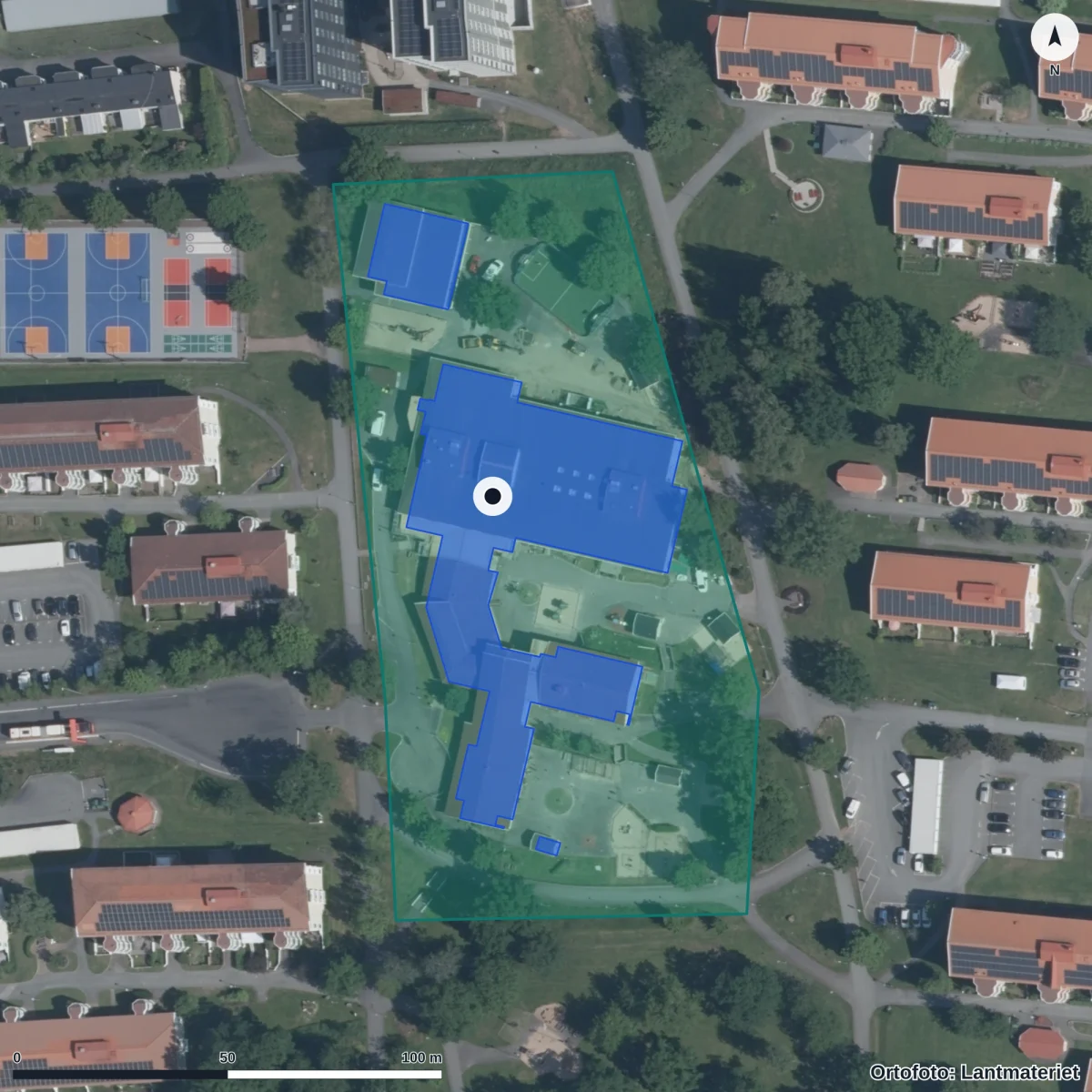 Aerial view of Oxhagens Förskola, orthophoto from Lantmäteriet