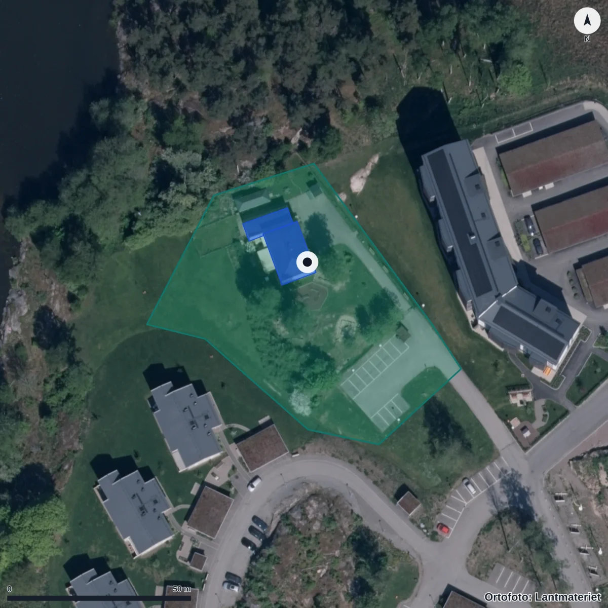 Flygbild över Förskolan Villa Korseberg, ortofoto från Lantmäteriet