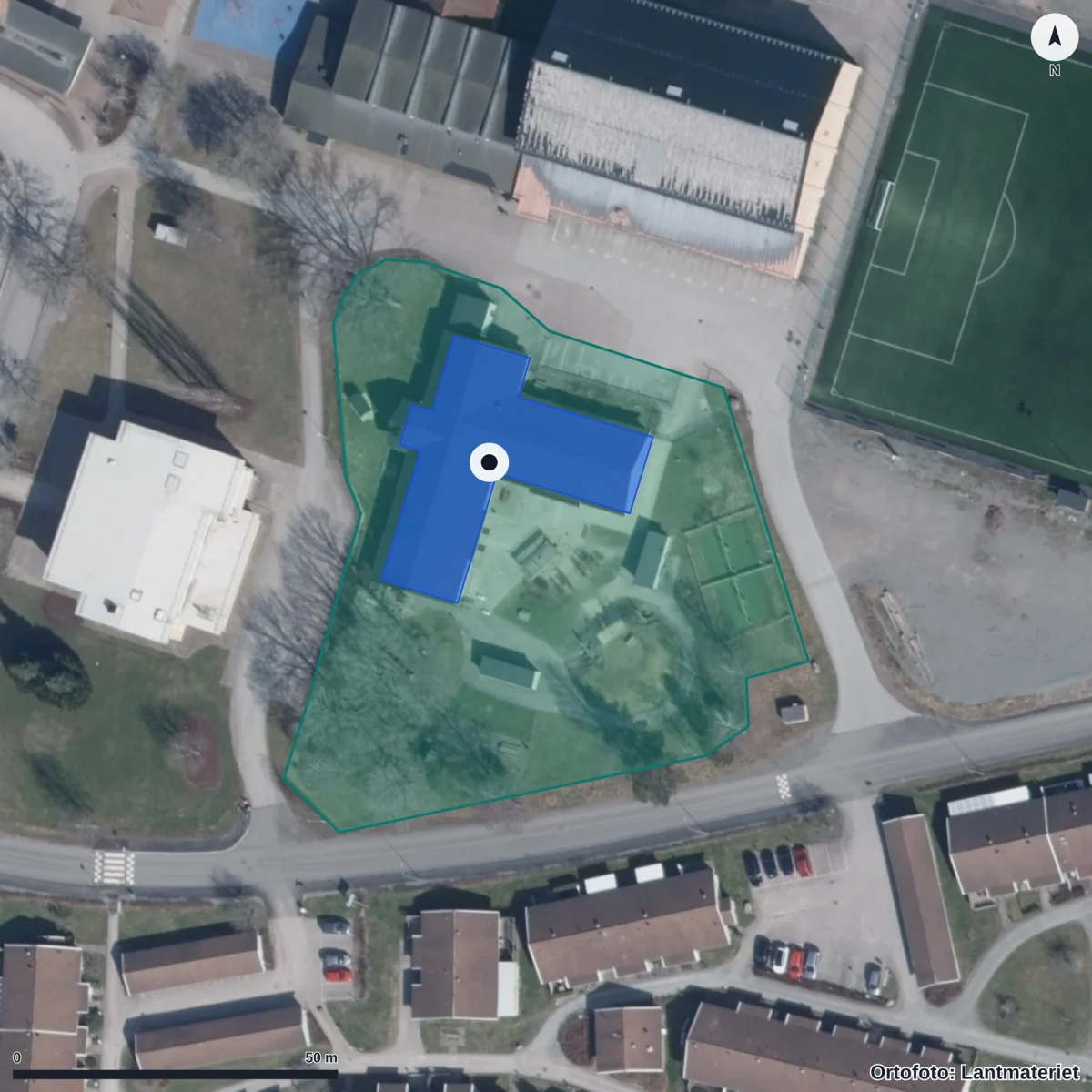 Flygbild över Haga Förskola, ortofoto från Lantmäteriet