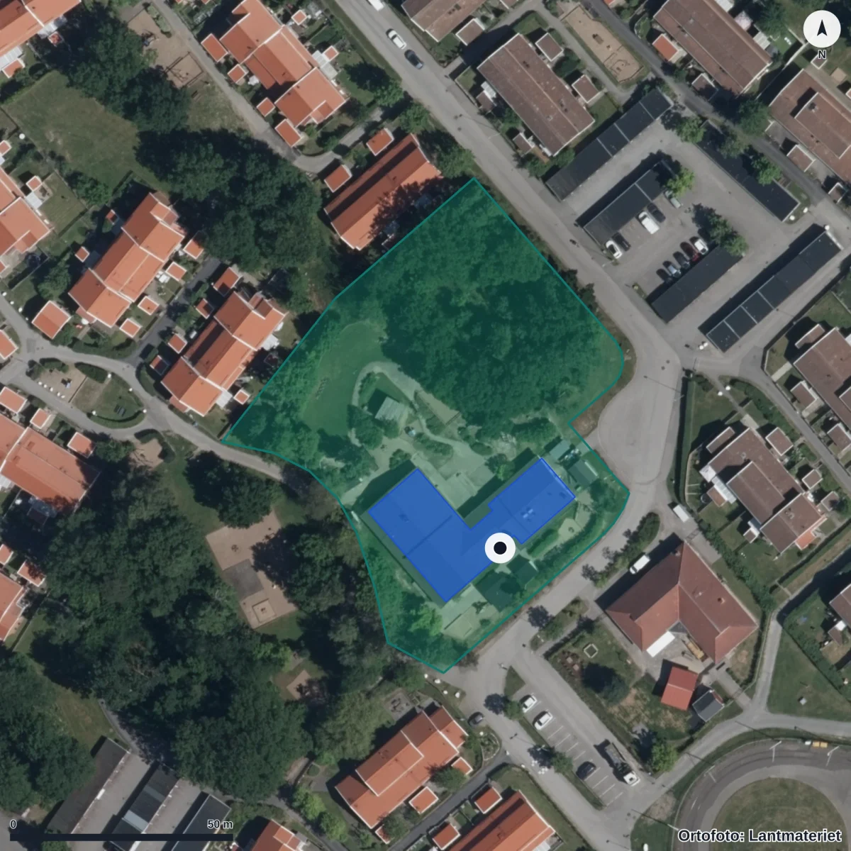 Aerial view of Trombonens Förskola, orthophoto from Lantmäteriet