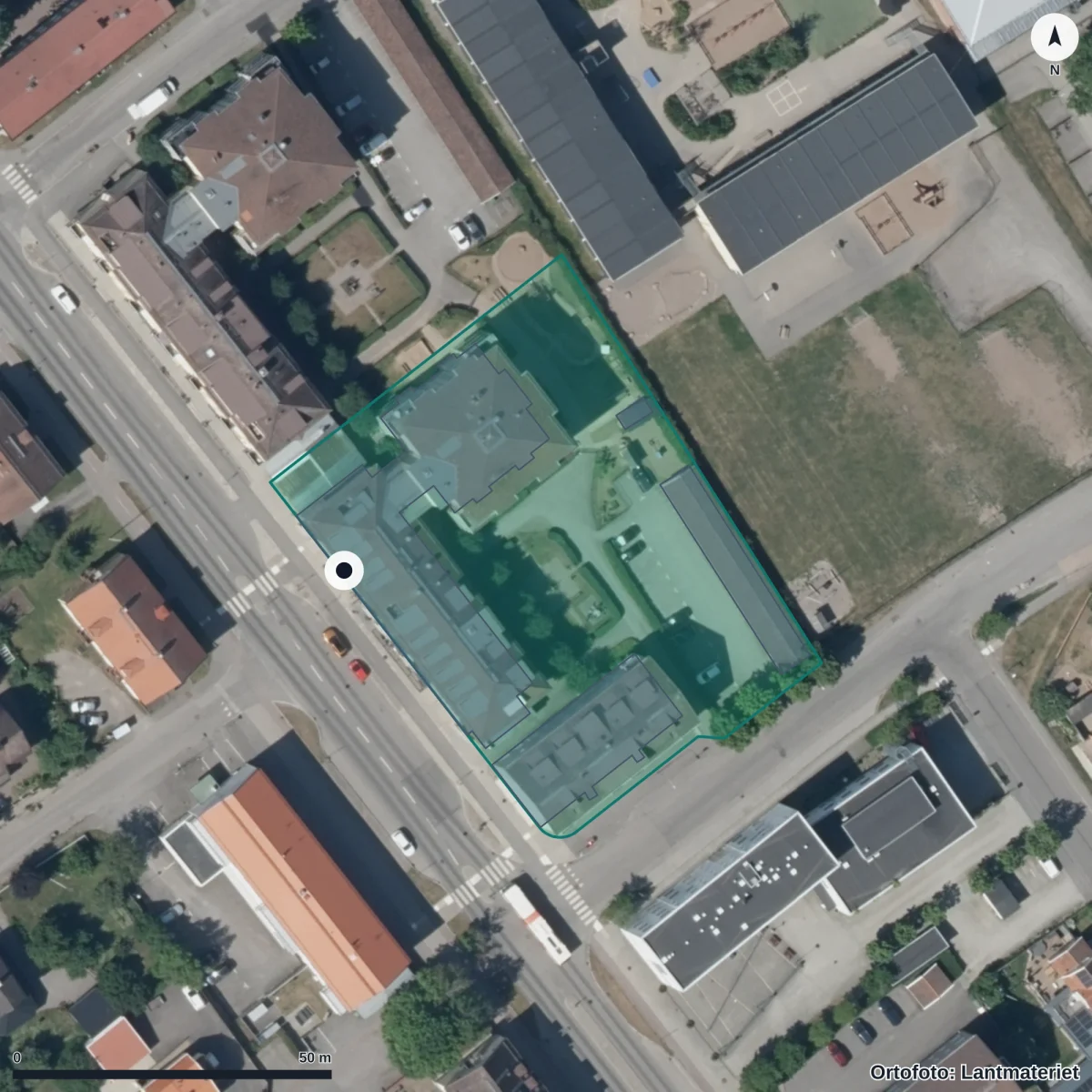 Flygbild över Barnens Hus, ortofoto från Lantmäteriet