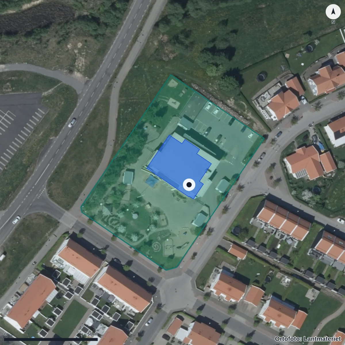 Flygbild över Trädgårdsstadens Förskola, ortofoto från Lantmäteriet