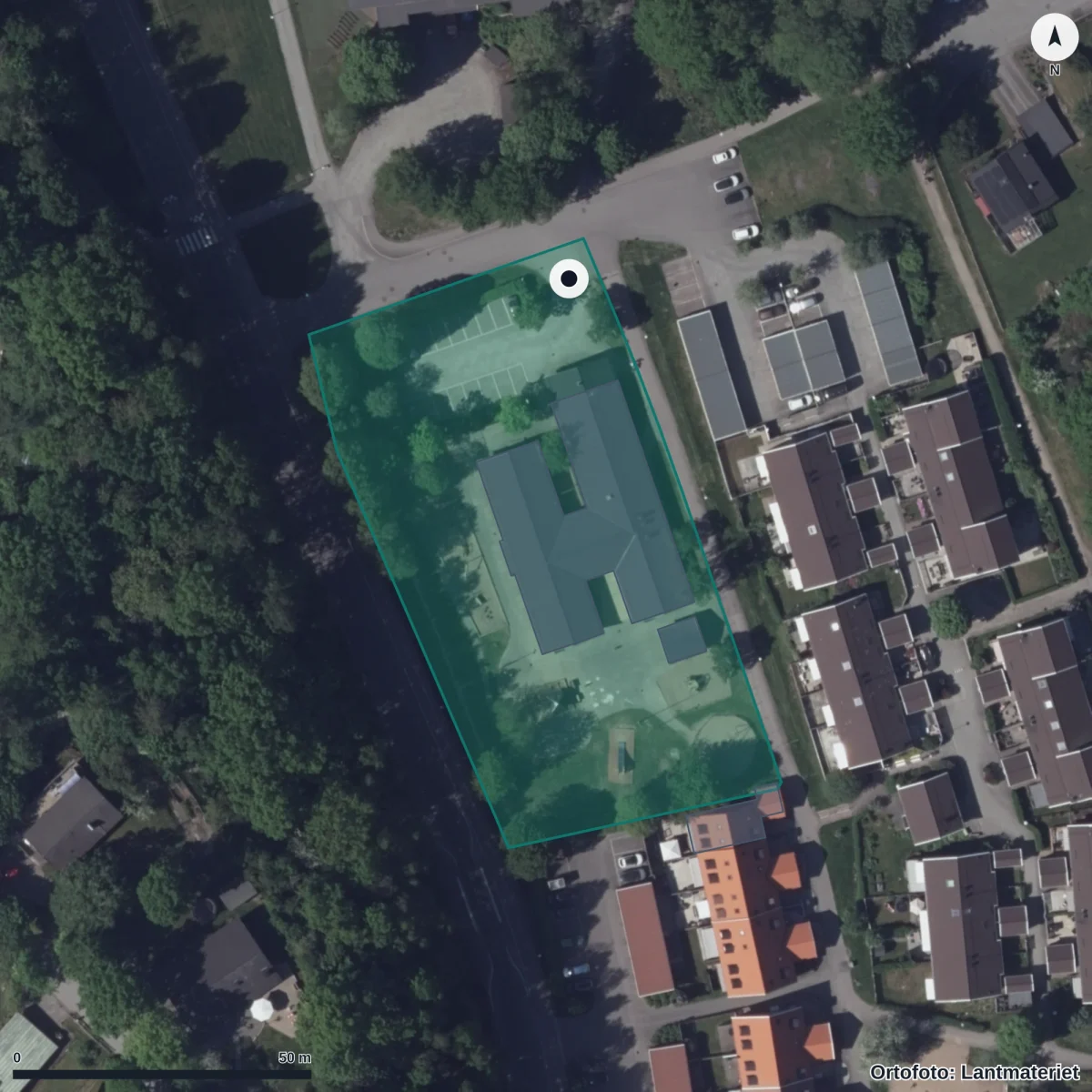 Flygbild över Rydsbergs Förskola, ortofoto från Lantmäteriet