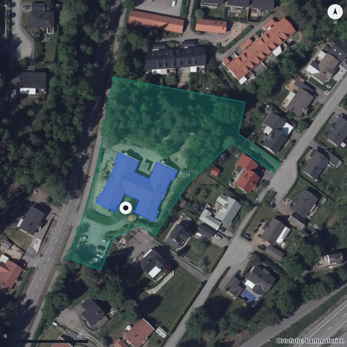 Flygbild över Nordåsens Förskola, ortofoto från Lantmäteriet