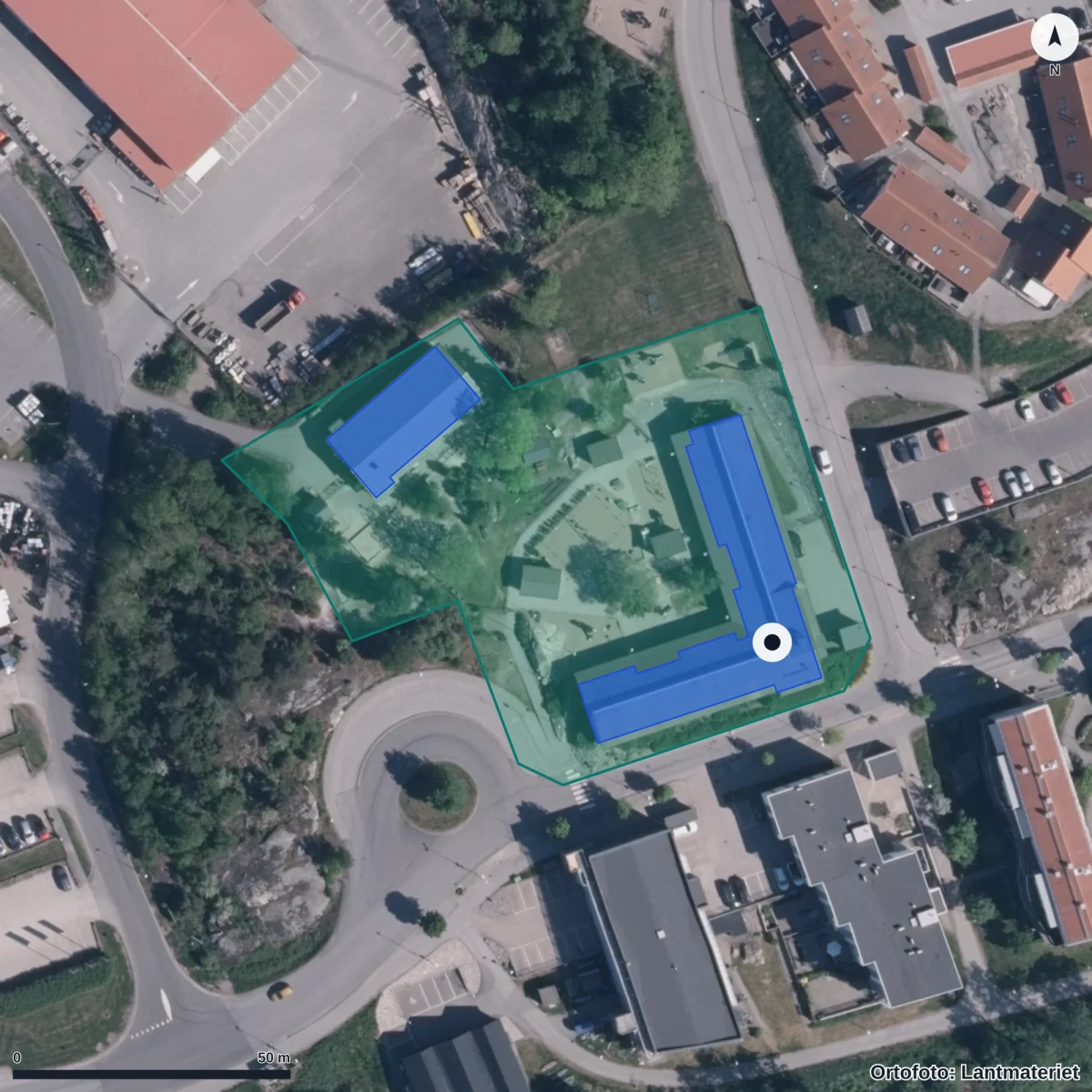 Flygbild över Nordby Förskola, ortofoto från Lantmäteriet