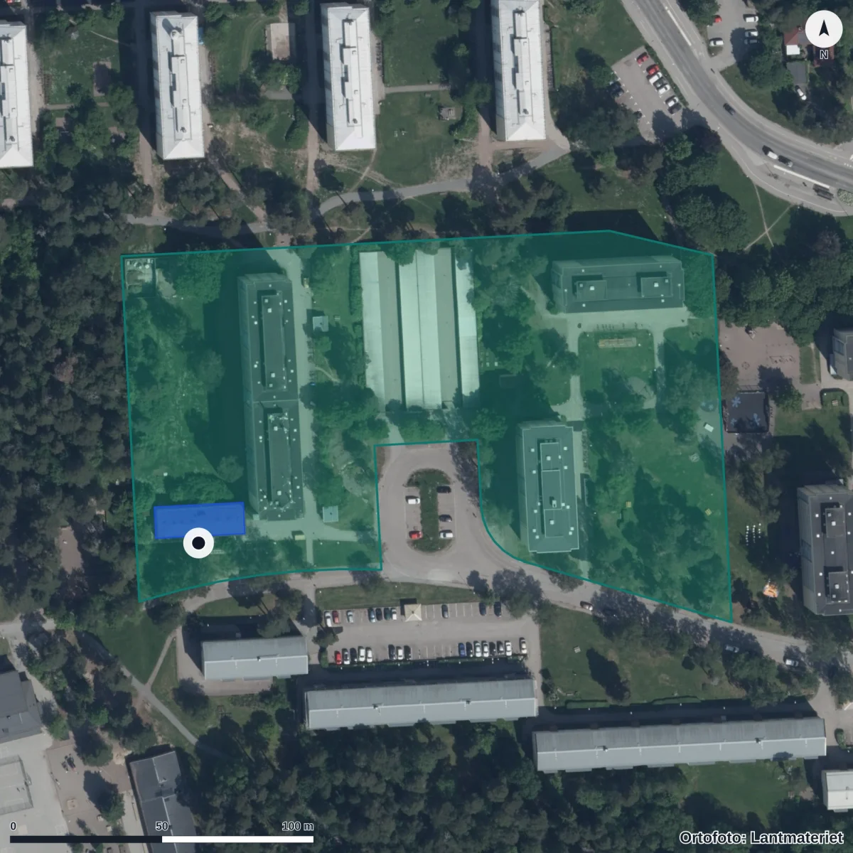 Flygbild över Uppsala Montessoriförskola, ortofoto från Lantmäteriet