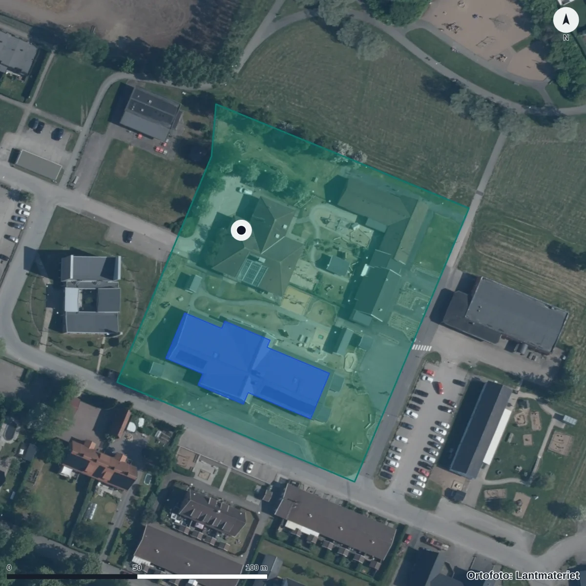 Aerial view of Örtagårdens Förskola, orthophoto from Lantmäteriet