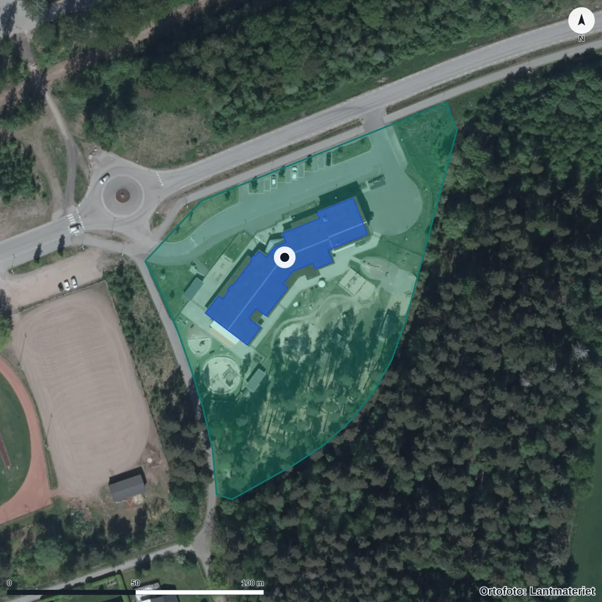 Flygbild över Snickarvallen, ortofoto från Lantmäteriet