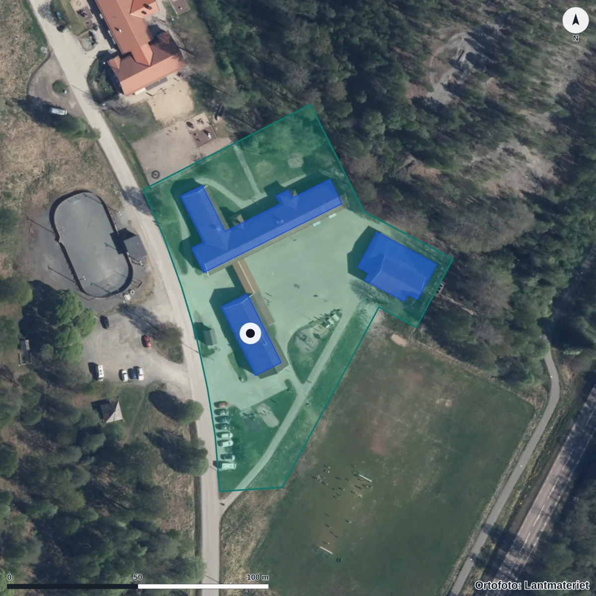 Flygbild över Olympicaförskolan - Håksberg, ortofoto från Lantmäteriet
