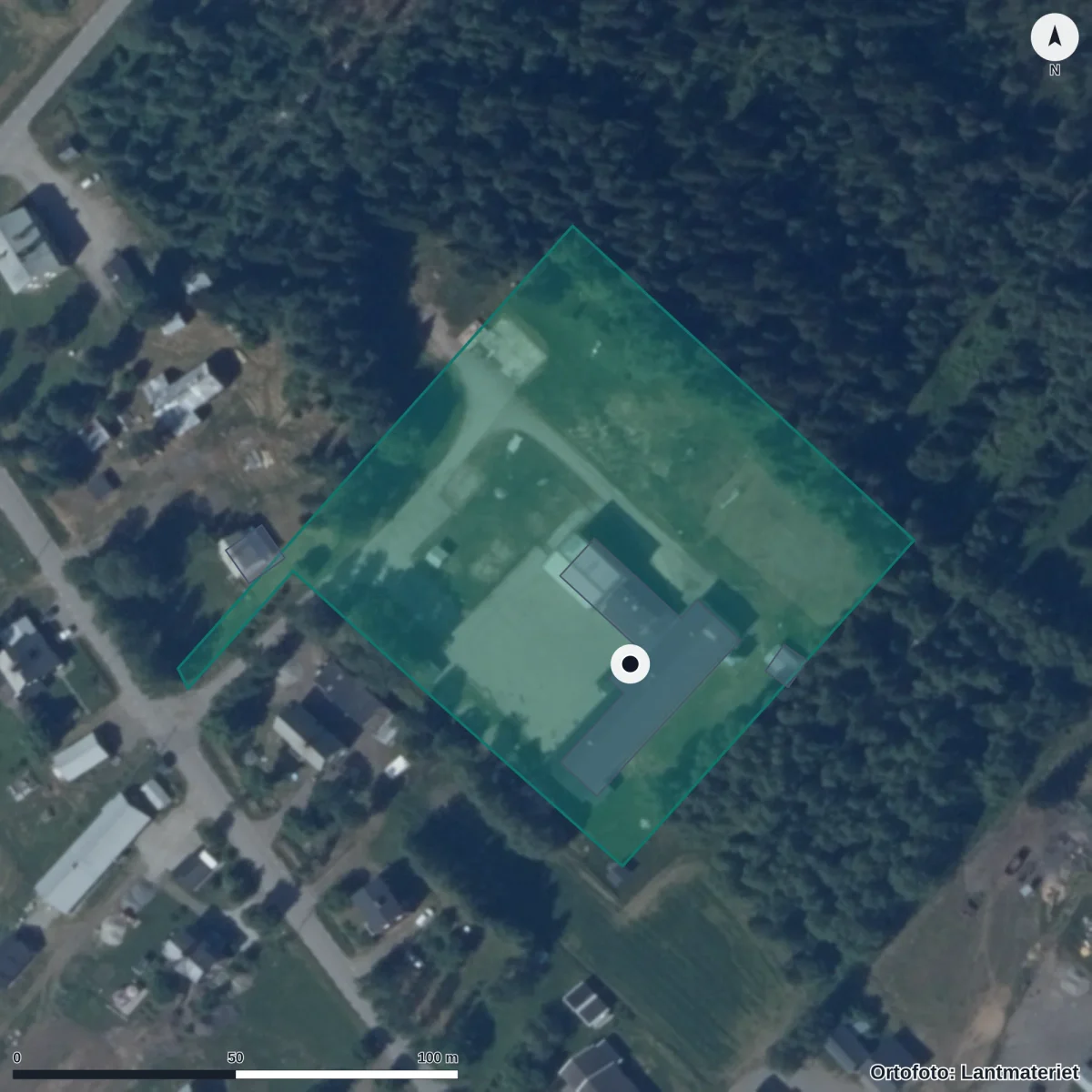 Aerial view of Tranans Förskola, orthophoto from Lantmäteriet