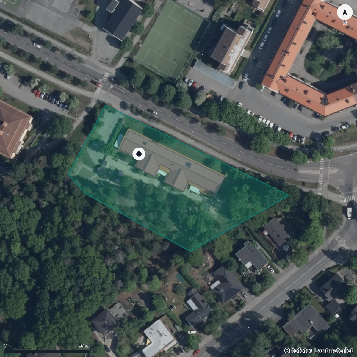 Flygbild över Förskolan Fantasia, ortofoto från Lantmäteriet