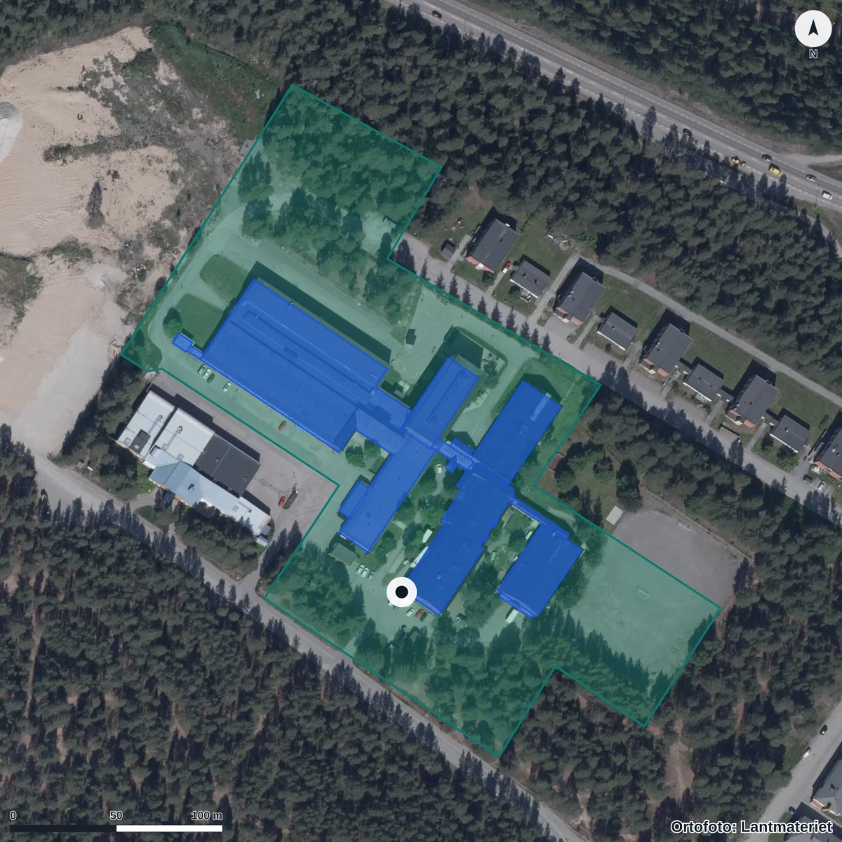 Flygbild över Vågens Förskola, ortofoto från Lantmäteriet