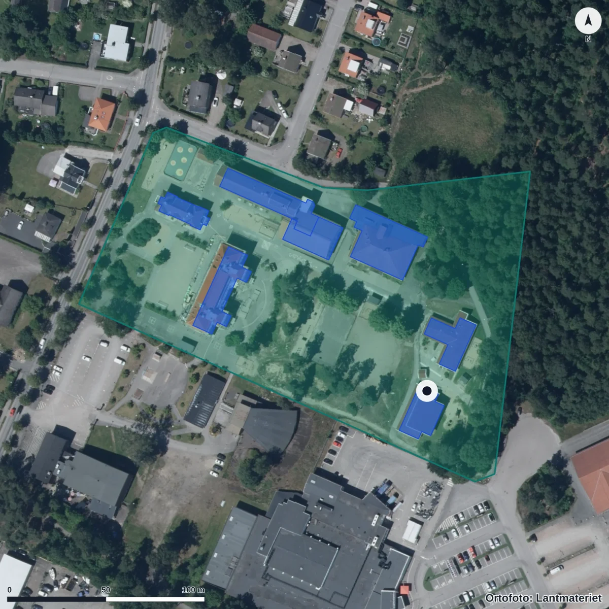 Flygbild över Violens Förskola, ortofoto från Lantmäteriet