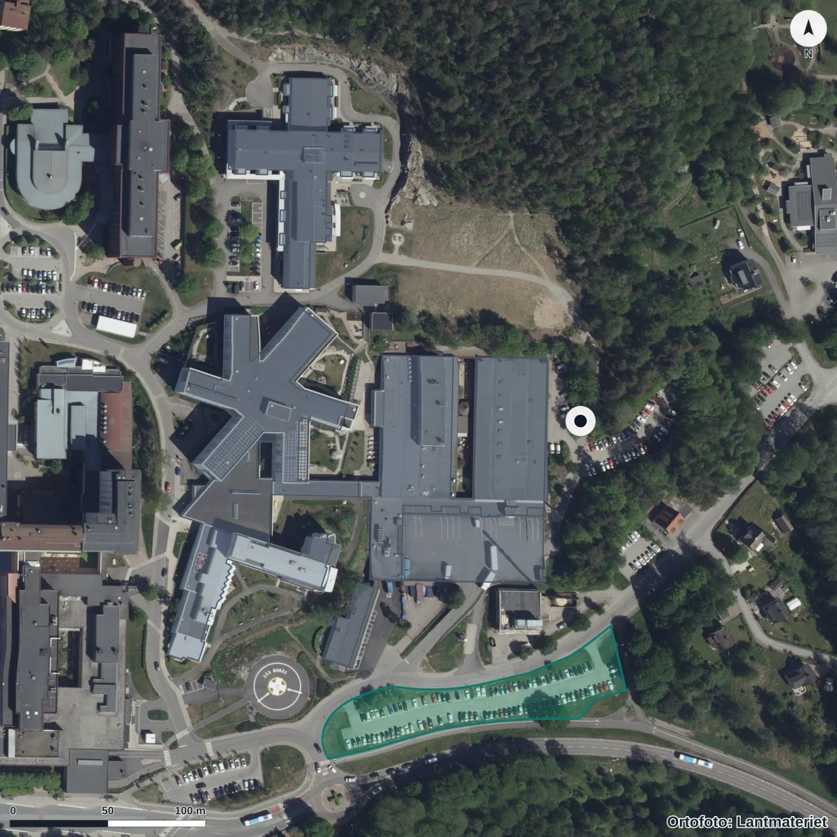 Flygbild över Björkängens Förskola, ortofoto från Lantmäteriet