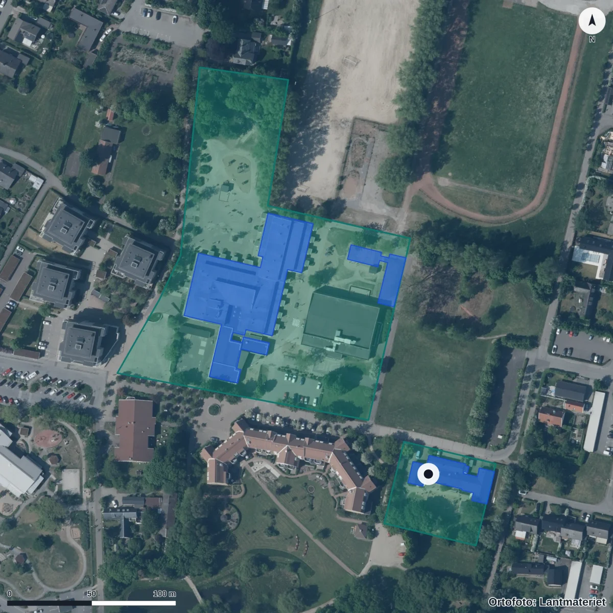 Aerial view of Klockaregården, orthophoto from Lantmäteriet
