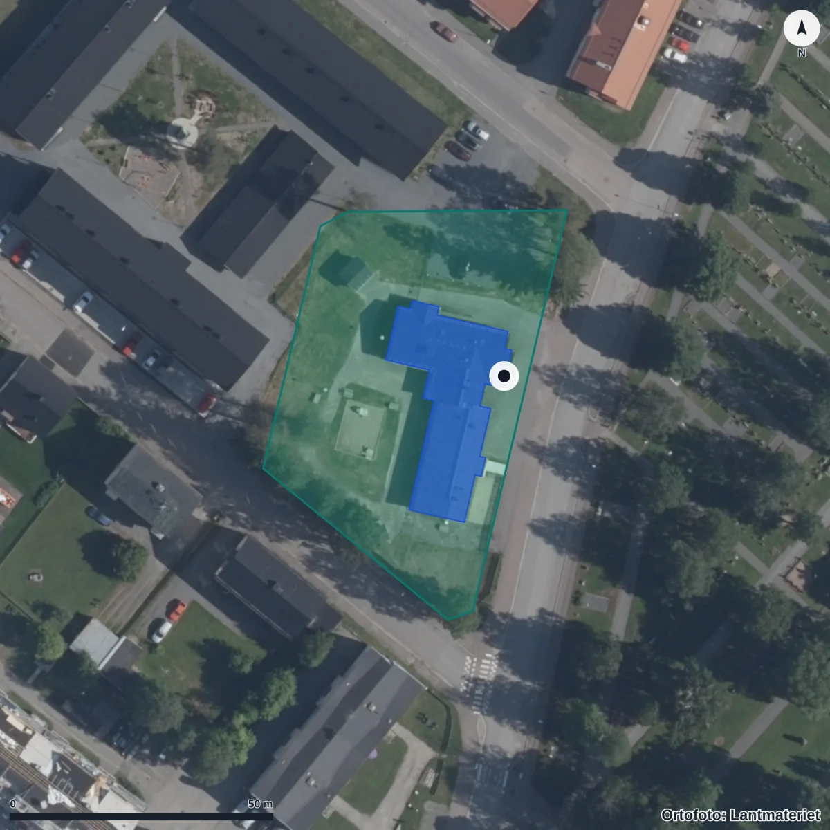 Flygbild över Kyrkkläppens Förskola, ortofoto från Lantmäteriet