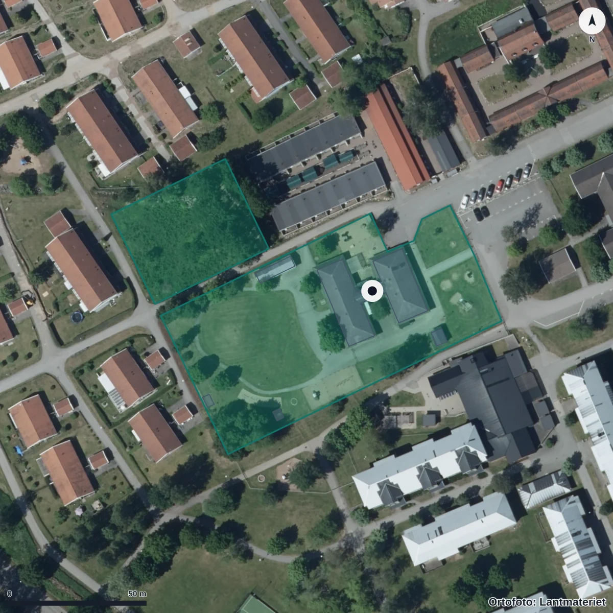 Flygbild över Norrängens Förskola, ortofoto från Lantmäteriet