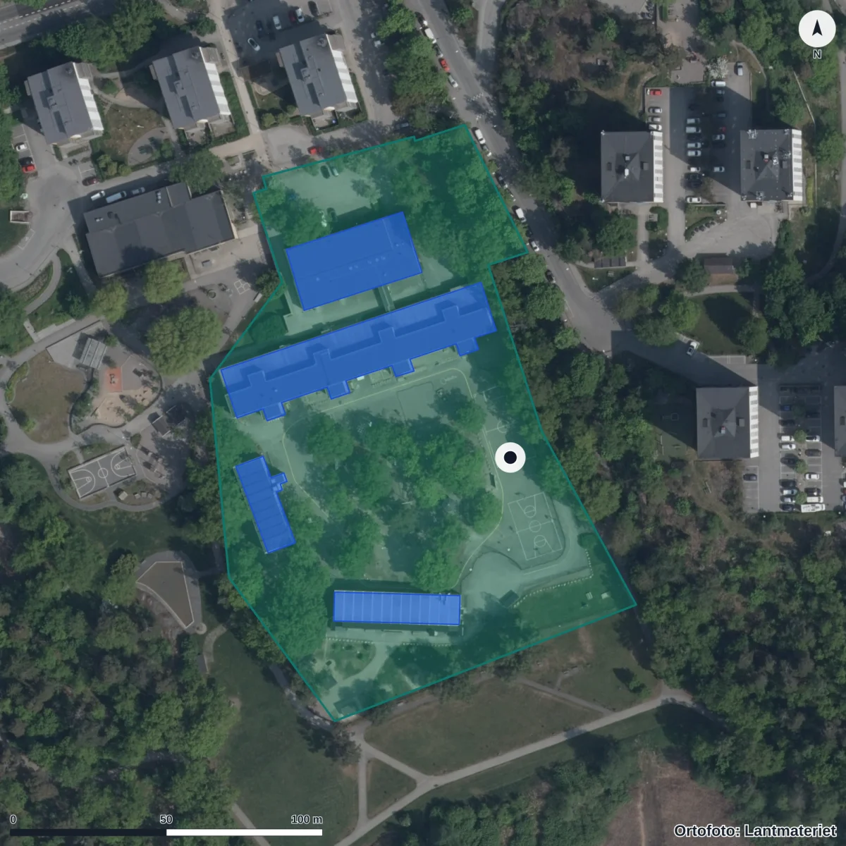 Flygbild över Förskolan Ejdern, ortofoto från Lantmäteriet