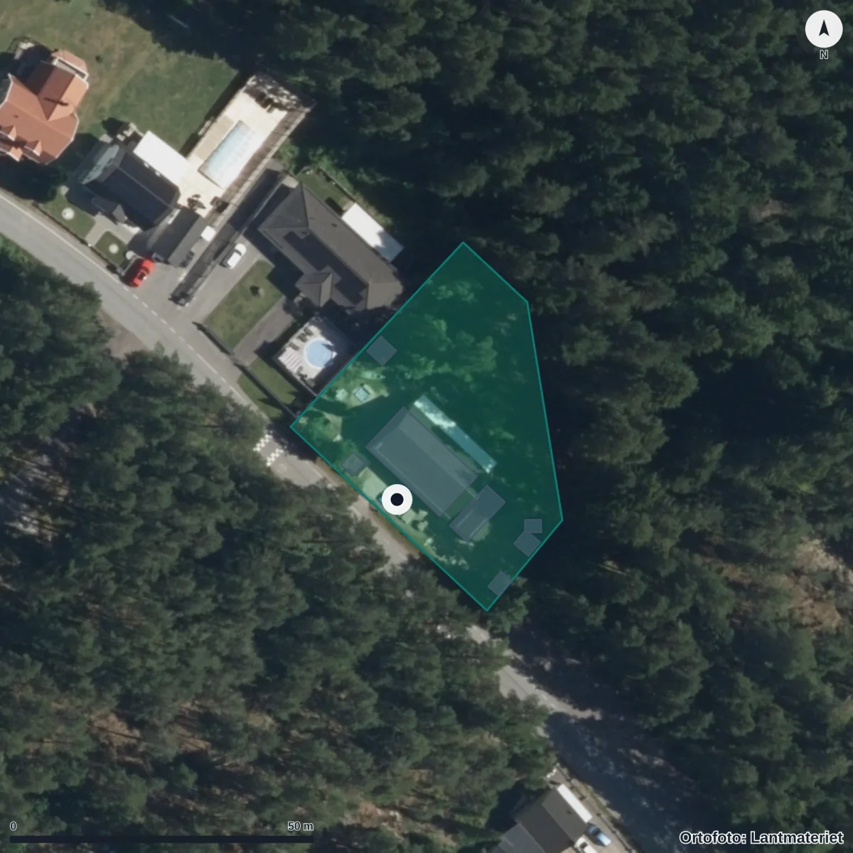 Flygbild över Ensjögläntans Förskola, ortofoto från Lantmäteriet