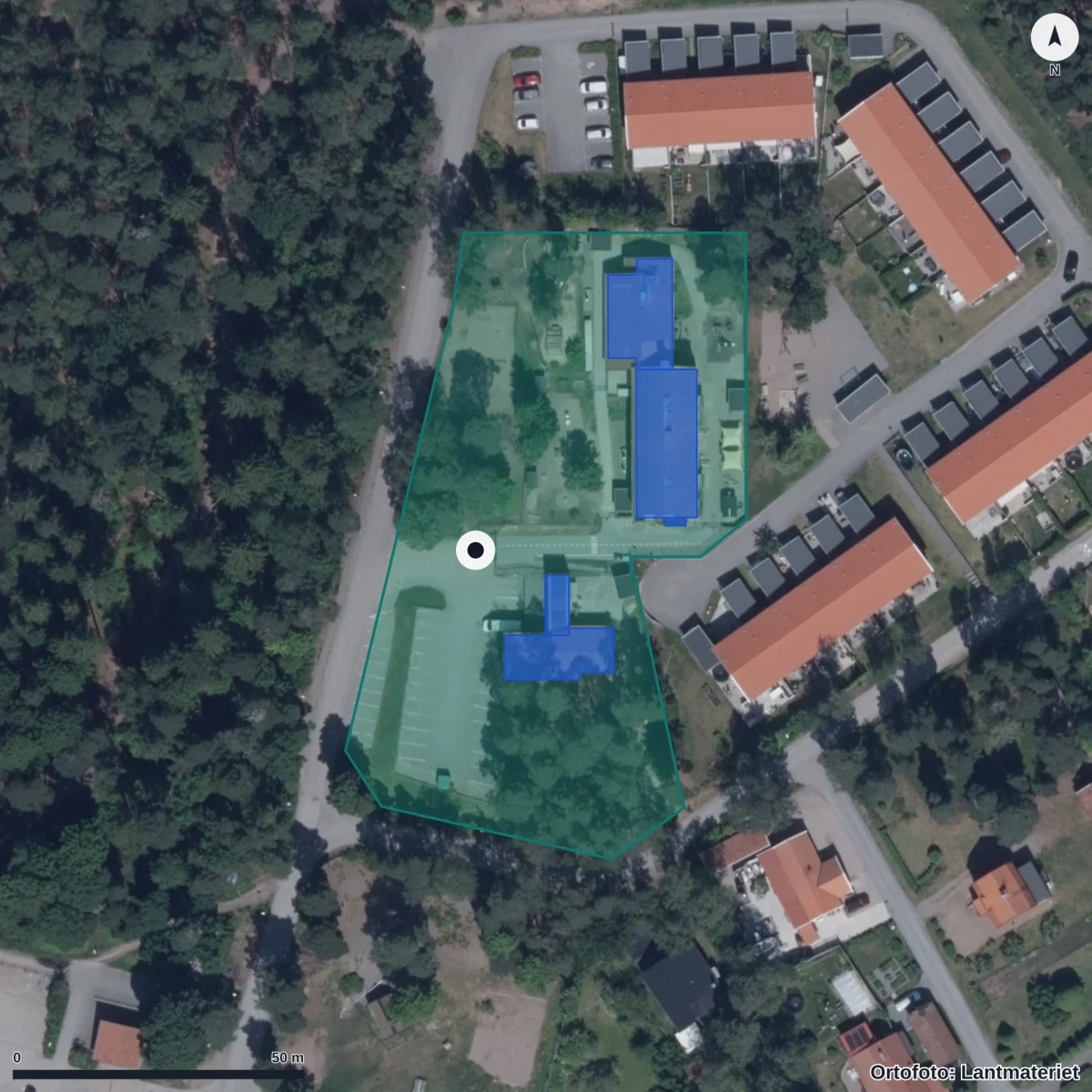 Flygbild över Förskolan Barnasinnet ,lica Förskolor,, ortofoto från Lantmäteriet