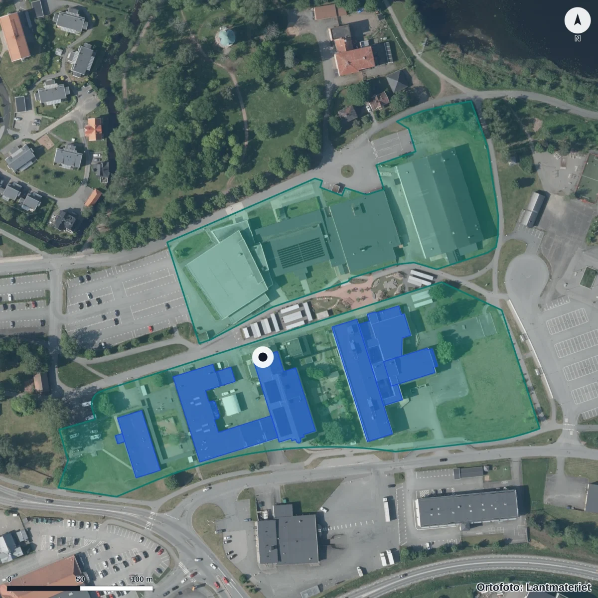 Flygbild över Förskolan Apollo, ortofoto från Lantmäteriet