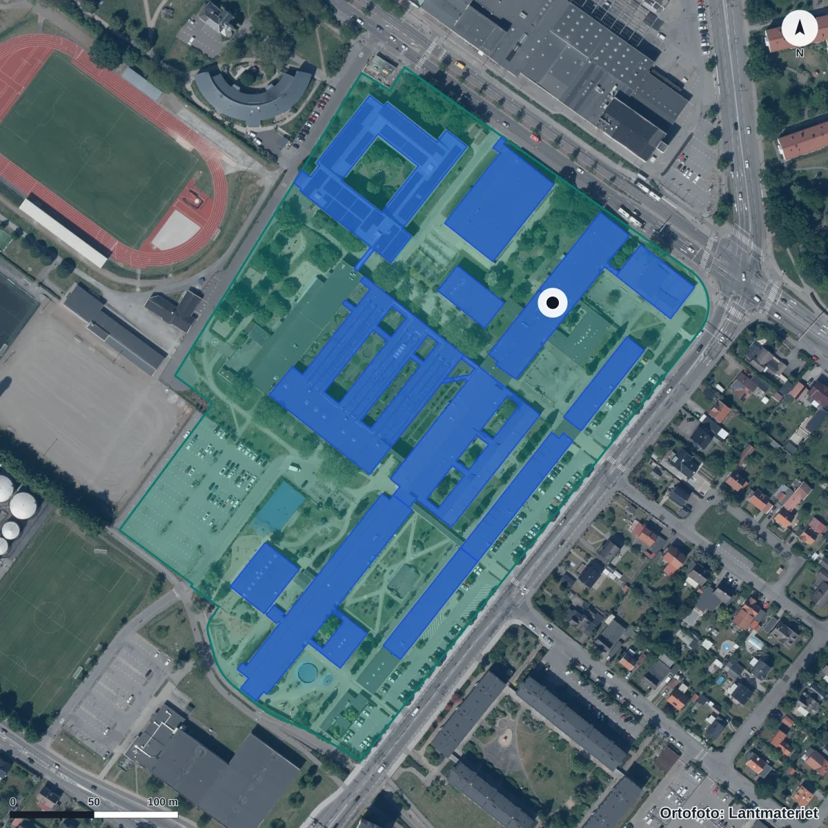 Flygbild över Estetens Förskola, ortofoto från Lantmäteriet