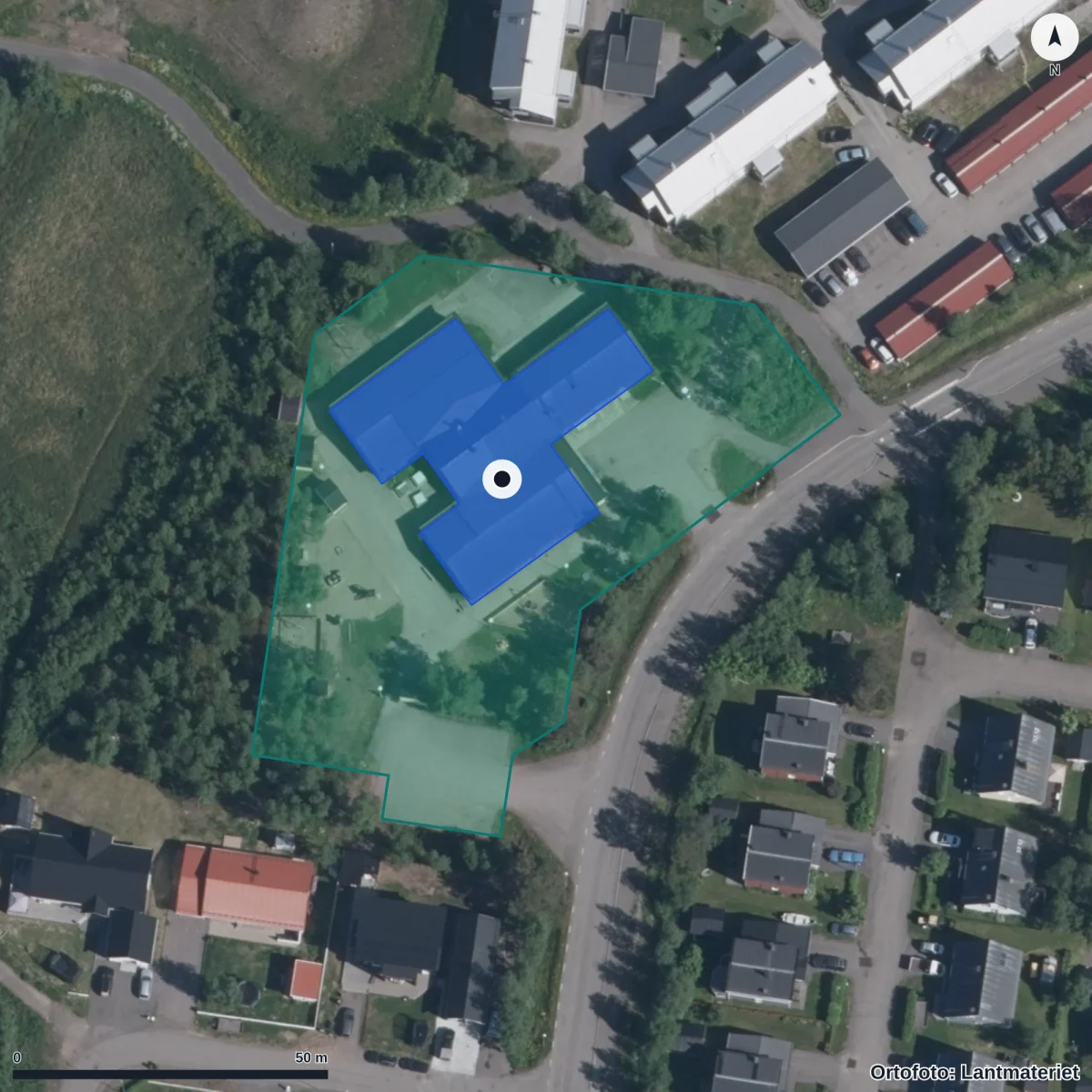 Flygbild över Jökelns Förskola, ortofoto från Lantmäteriet