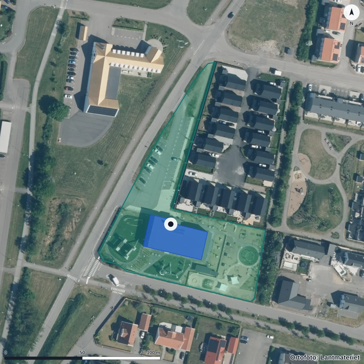 Flygbild över Solvikens Förskola, ortofoto från Lantmäteriet