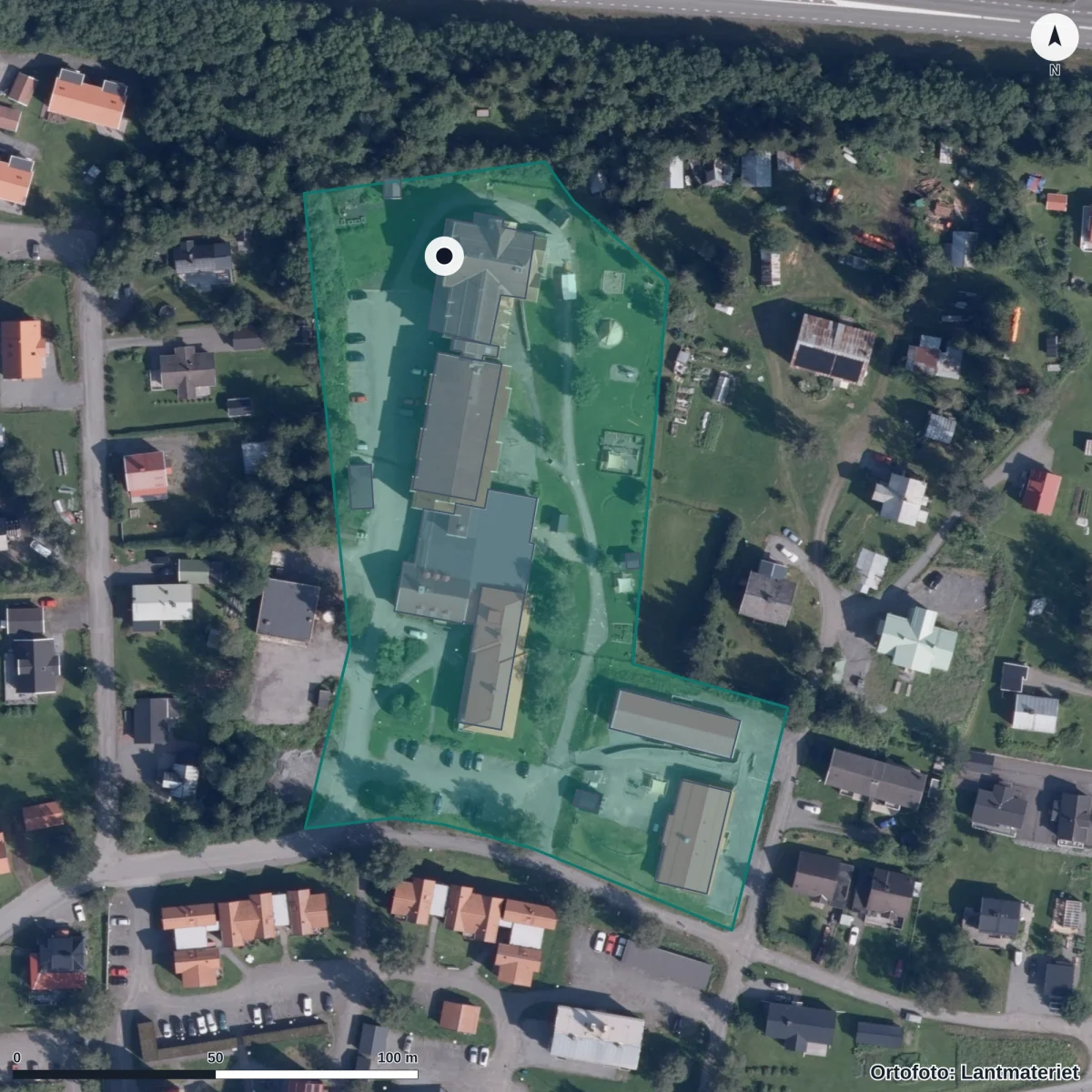 Flygbild över Lillvallens Förskola, ortofoto från Lantmäteriet