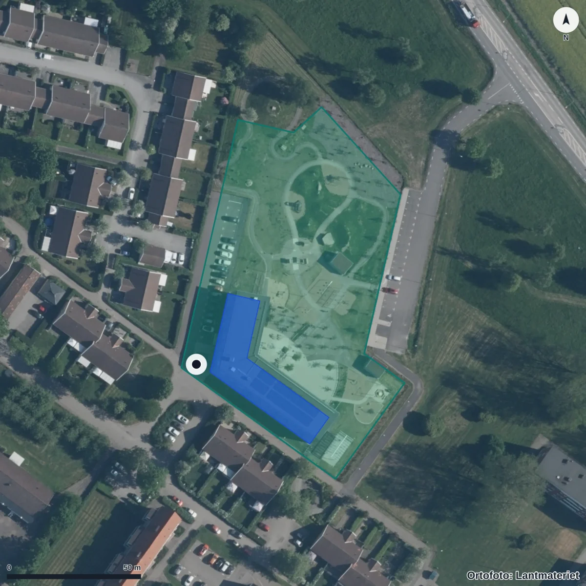 Flygbild över Kullerbyttans Förskola, ortofoto från Lantmäteriet