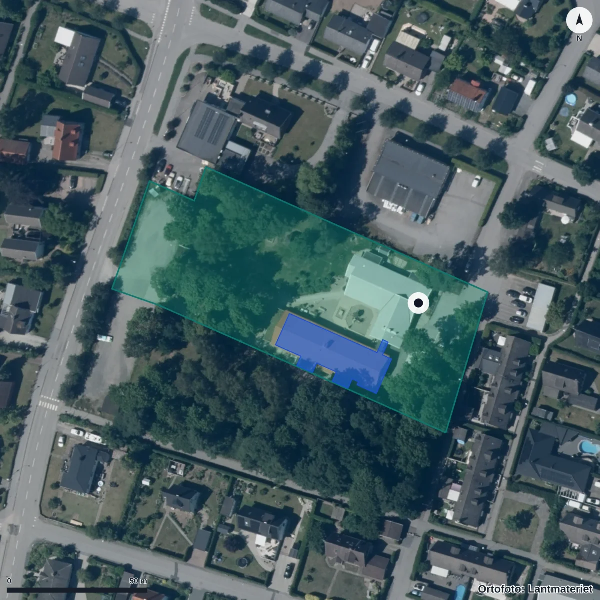 Flygbild över Parkens Förskola, ortofoto från Lantmäteriet