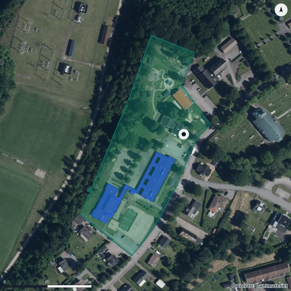 Flygbild över Traryds Förskola, ortofoto från Lantmäteriet