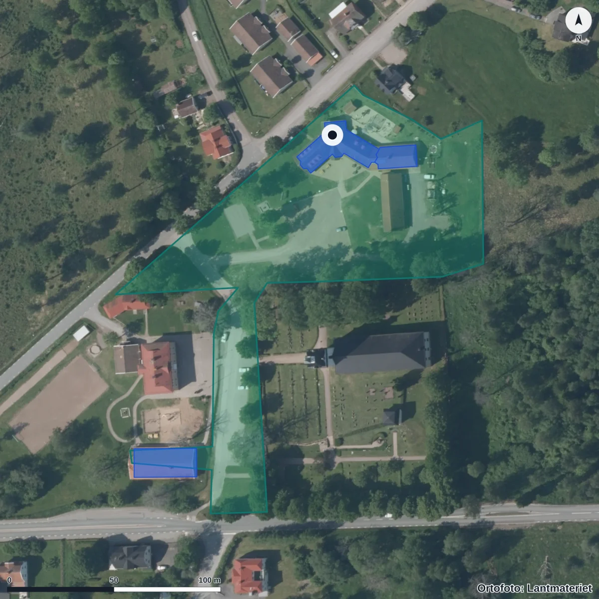 Flygbild över Linnéagårdens Förskola, ortofoto från Lantmäteriet