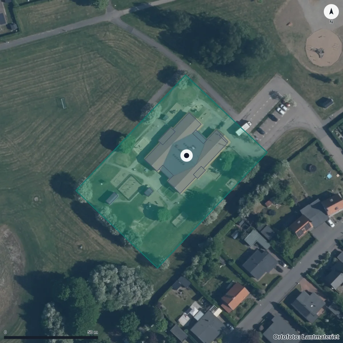Flygbild över Skaparglädjens Förskola, ortofoto från Lantmäteriet