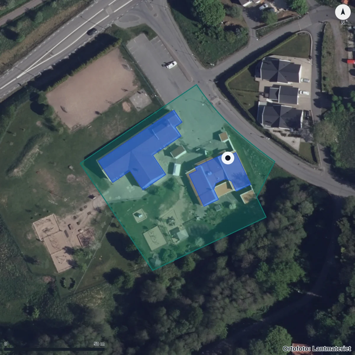 Flygbild över Bergums Framtid, ortofoto från Lantmäteriet