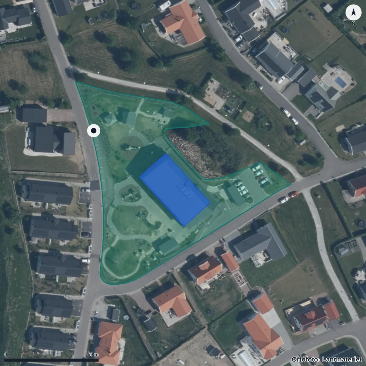 Flygbild över Blåsippans Förskola, ortofoto från Lantmäteriet