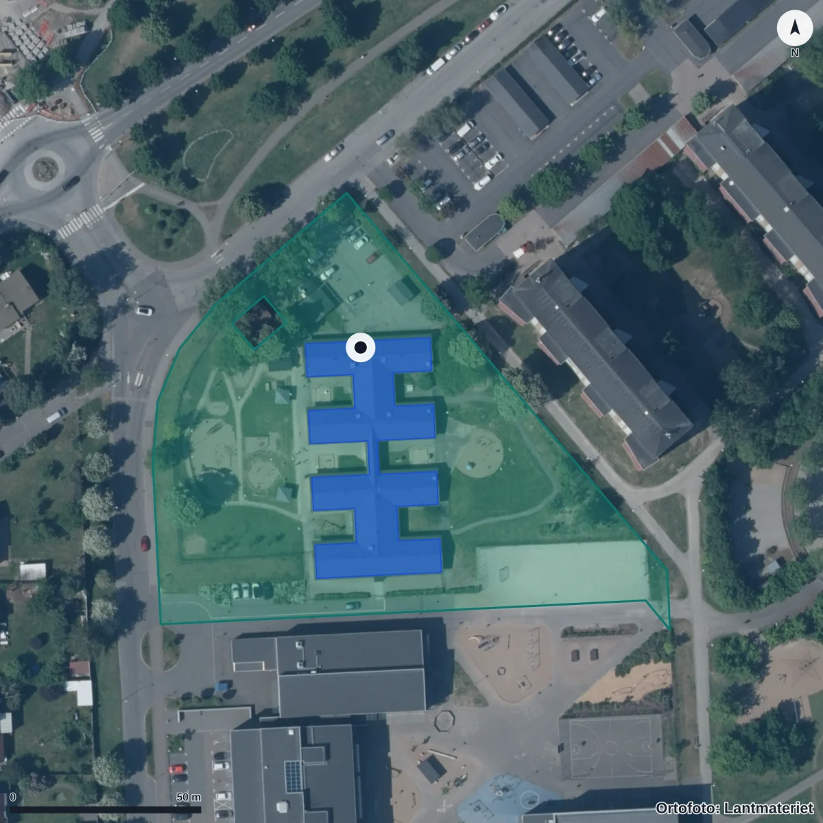 Flygbild över Svenshögs Förskola, ortofoto från Lantmäteriet