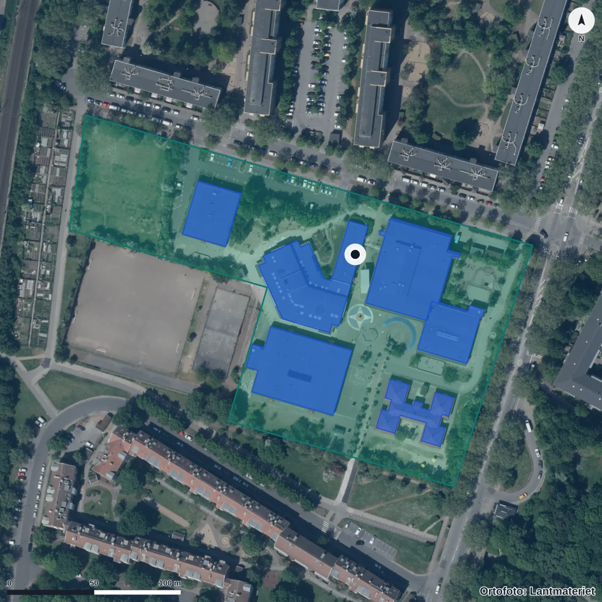 Flygbild över Maskrosens Förskola, ortofoto från Lantmäteriet
